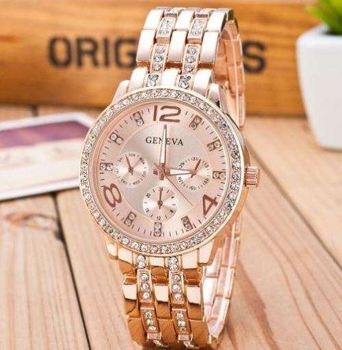 Elegant Ladies Geneva Crystal Quartz Chronograph Wrist Watch in Rose Gold, Gold and Silver