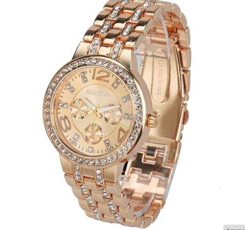 Elegant Ladies Geneva Crystal Quartz Chronograph Wrist Watch in Rose Gold OR Silver