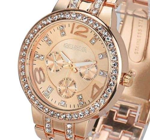 Elegant Ladies Geneva Crystal Quartz Chronograph Wrist Watch in Rose Gold, Gold and Silver