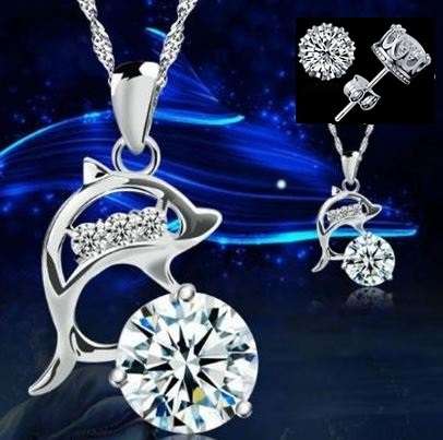 Elegant 925 Silver Cubic Zirconia Dolphin Pendant Jewelry Set in Complimentary GIFT BOX