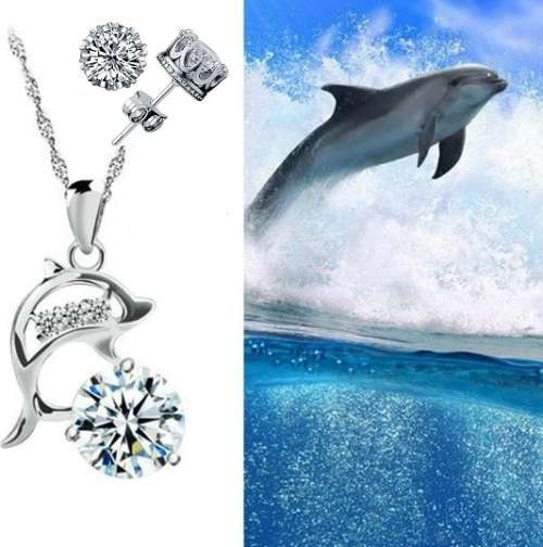 Elegant 925 Silver Cubic Zirconia Dolphin Pendant Jewelry Set in Complimentary GIFT BOX