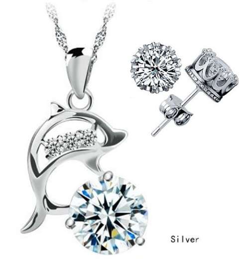Elegant 925 Silver Cubic Zirconia Dolphin Pendant Jewelry Set in Complimentary GIFT BOX