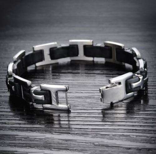Elegant Stainless Steel & Silicone Men's Bracelet With Steel Spring Clasp in Complimentary Gift Box