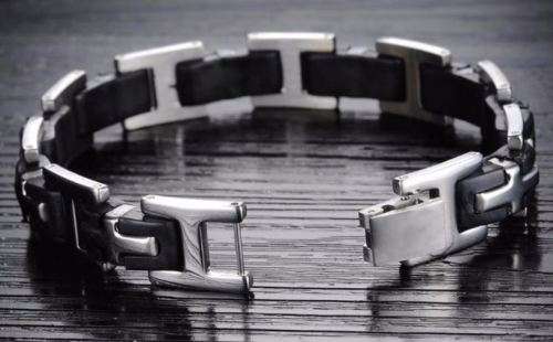 Elegant Stainless Steel & Silicone Men's Bracelet With Steel Spring Clasp in Complimentary Gift Box