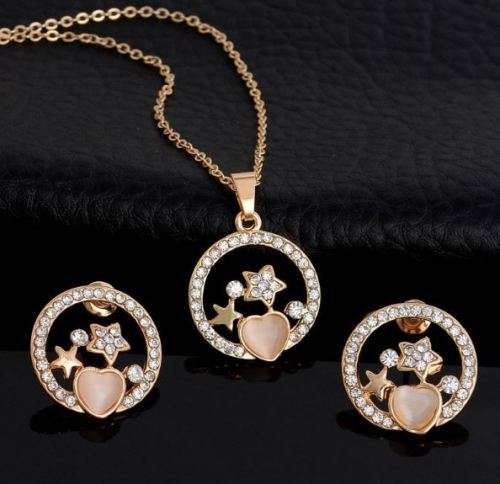Elegant Golden Austrian Crystal Opal Heart & Stars Jewelry Set in Complimentary Gift Box
