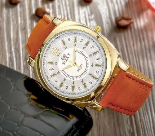 Elegant Men's SOXY BRAND Quartz Leather Wrist Watch in Complimentary Gift Box