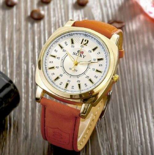 Elegant Men's SOXY BRAND Quartz Leather Wrist Watch in Complimentary Gift Box