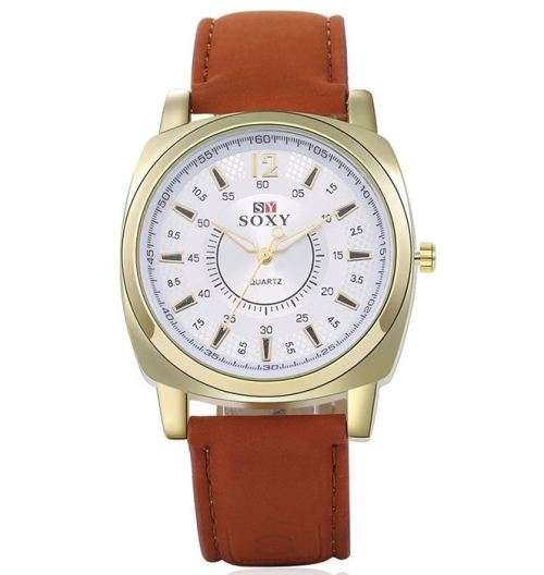 Elegant Men's SOXY BRAND Quartz Leather Wrist Watch in Complimentary Gift Box