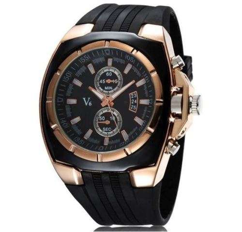Elegant & Sporty V6 Stainless Steel & Silicone Men's Quartz Wrist Watch in Black & Gold