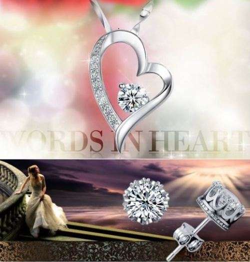 Exquisite 925 Sterling Silver Cubic Zirconia Heart Shaped Jewelry Set in Complimentary Gift Box