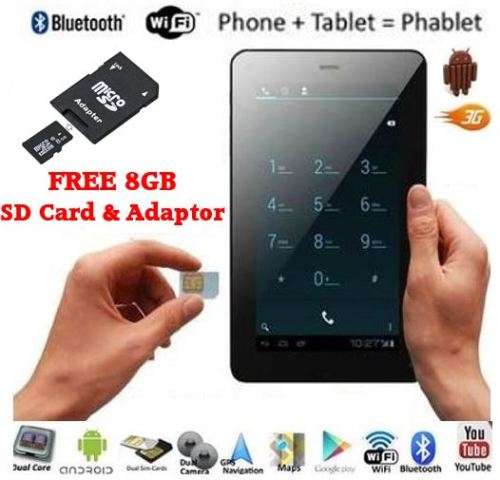 7" Android Smartphone Tablet, 4GB + 8GB SD Card FREE, Wi-Fi, 3G, Dual Sim Cards, Dual Cameras, GPS