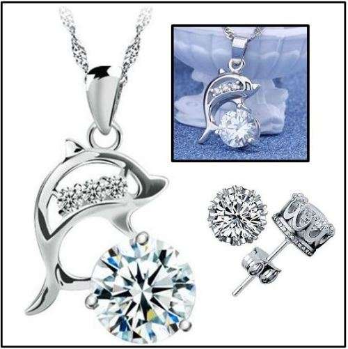 Elegant 925 Silver Cubic Zirconia Dolphin Pendant Jewelry Set in Complimentary GIFT BOX
