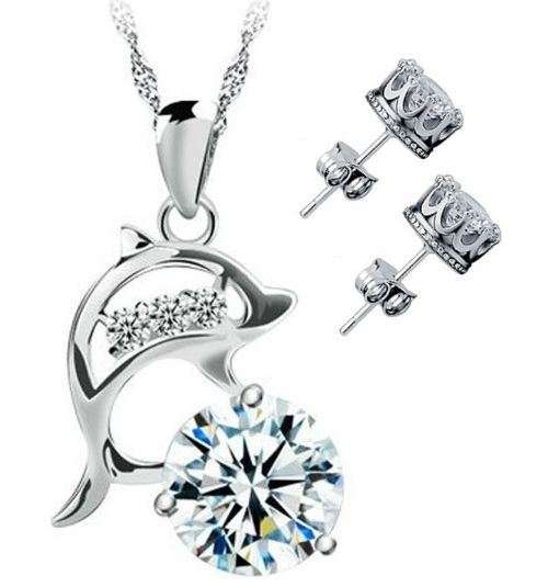 Elegant 925 Silver Cubic Zirconia Dolphin Pendant Jewelry Set in Complimentary GIFT BOX