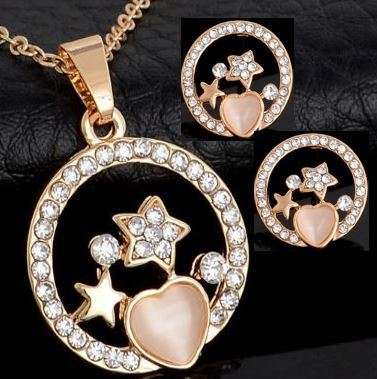 Elegant Golden Austrian Crystal Opal Heart & Stars Jewelry Set in Complimentary Gift Box