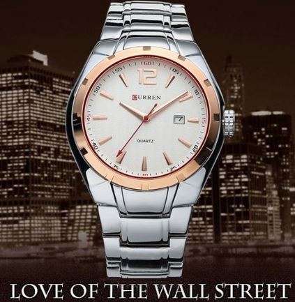 Elegant CURREN AUTO DATE Mens Quartz Wrist Watch With Stainless Steel Strap - White, Gold & Silver