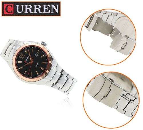 Elegant CURREN AUTO DATE Mens Quartz Wrist Watch With Stainless Steel Strap - Black, Gold & Silver