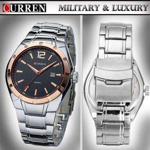 Elegant CURREN AUTO DATE Mens Quartz Wrist Watch With Stainless Steel Strap - Black, Gold & Silver