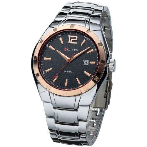 Elegant CURREN AUTO DATE Mens Quartz Wrist Watch With Stainless Steel Strap - Black, Gold & Silver