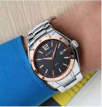 Elegant CURREN AUTO DATE Mens Quartz Wrist Watch With Stainless Steel Strap - Black, Gold & Silver