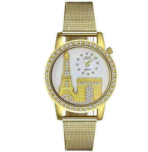 Elegant Rose Gold & Austrian Crystal Eiffel Tower Wrist Watch With Mesh Band