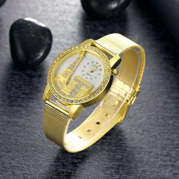 Elegant Rose Gold & Austrian Crystal Eiffel Tower Wrist Watch With Mesh Band