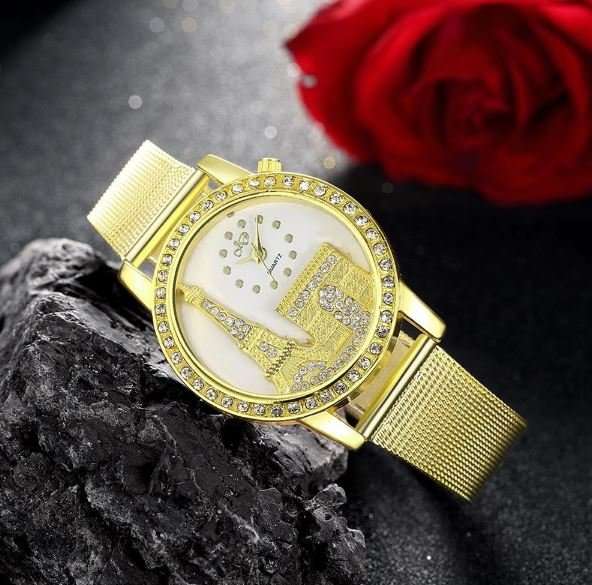 Elegant Rose Gold & Austrian Crystal Eiffel Tower Wrist Watch With Mesh Band