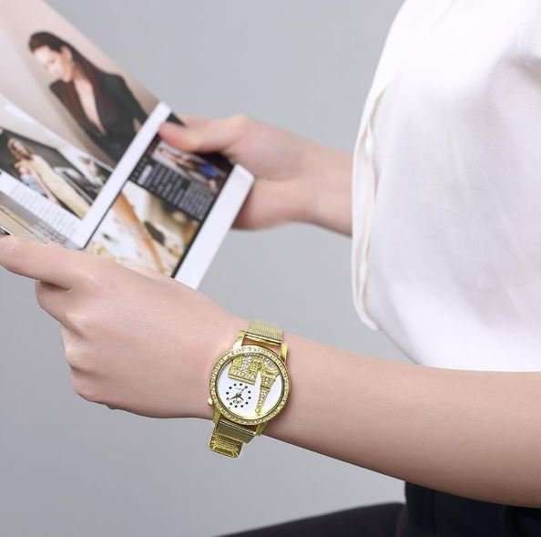 Elegant Rose Gold & Austrian Crystal Eiffel Tower Wrist Watch With Mesh Band