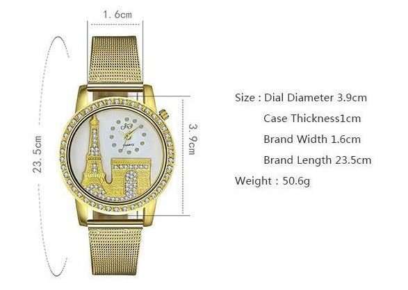 Elegant Rose Gold & Austrian Crystal Eiffel Tower Wrist Watch With Mesh Band