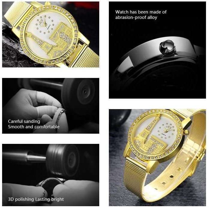 Elegant Rose Gold & Austrian Crystal Eiffel Tower Wrist Watch With Mesh Band