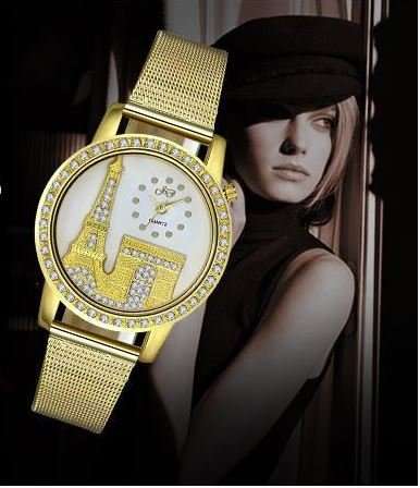 Elegant Rose Gold & Austrian Crystal Eiffel Tower Wrist Watch With Mesh Band