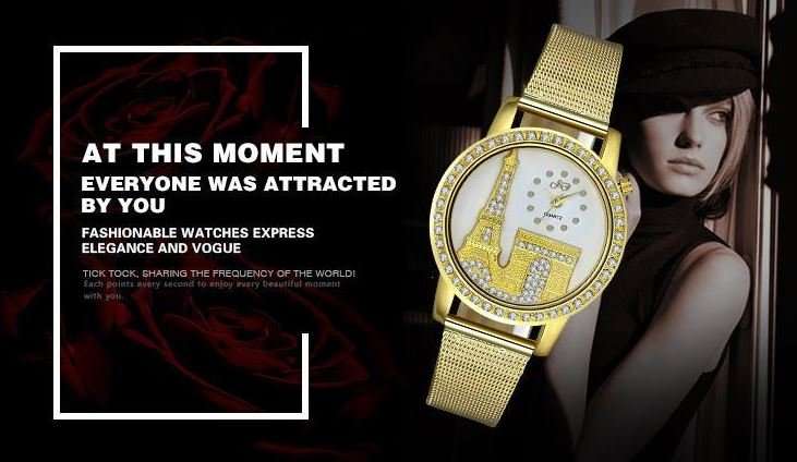 Elegant Rose Gold & Austrian Crystal Eiffel Tower Wrist Watch With Mesh Band