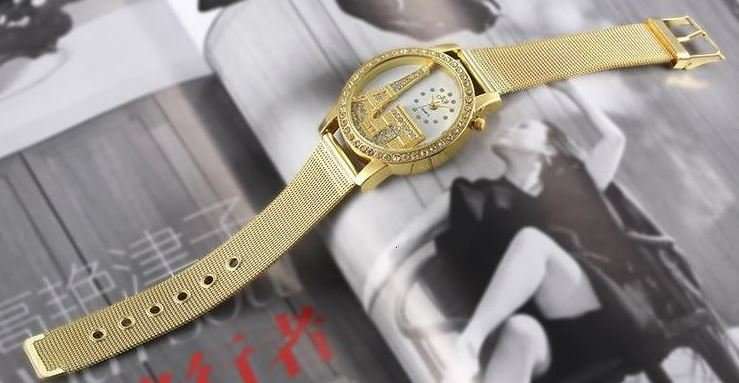 Elegant Rose Gold & Austrian Crystal Eiffel Tower Wrist Watch With Mesh Band