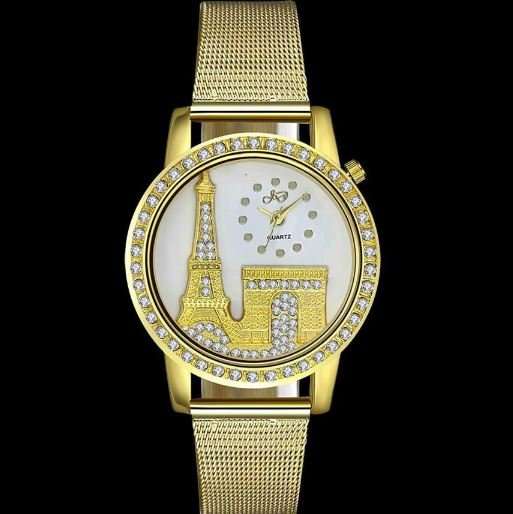 Elegant Rose Gold & Austrian Crystal Eiffel Tower Wrist Watch With Mesh Band