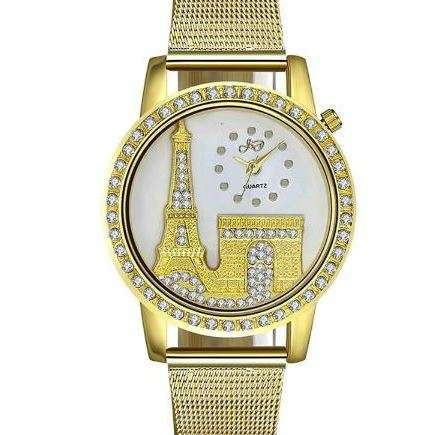 Elegant Rose Gold & Austrian Crystal Eiffel Tower Wrist Watch With Mesh Band