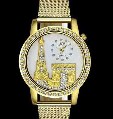 Elegant Rose Gold & Austrian Crystal Eiffel Tower Wrist Watch With Mesh Band