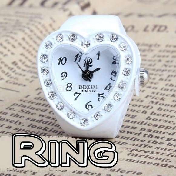 Stylish Ladies Crystal Heart Quartz Ring Watch in White or Black
