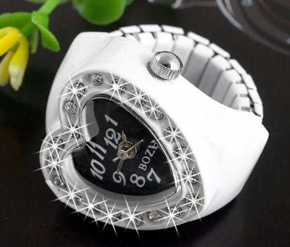 Stylish Ladies Crystal Heart Quartz Ring Watch in White or Black