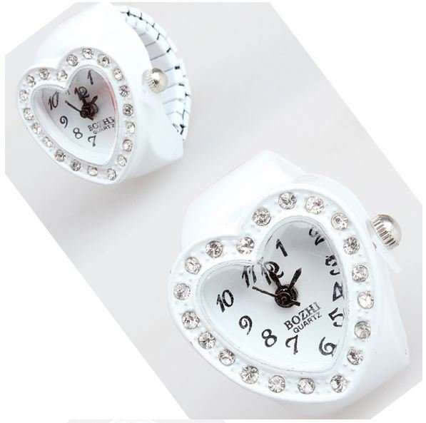 Stylish Ladies Crystal Heart Quartz Ring Watch in White or Black