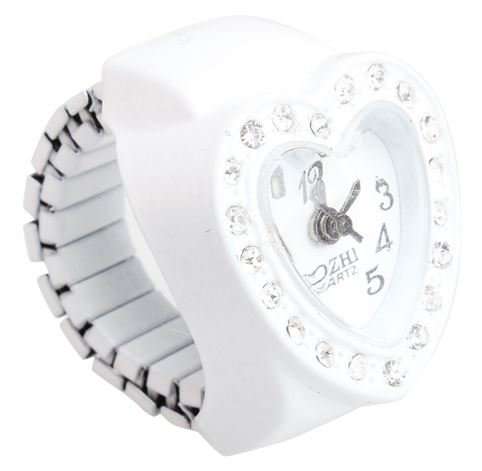Stylish Ladies Crystal Heart Quartz Ring Watch in White or Black