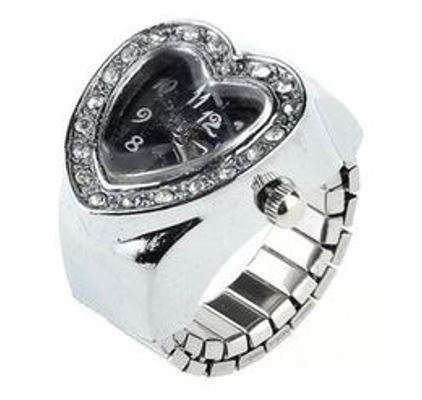 Stylish Ladies Crystal Heart Quartz Ring Watch in White or Black