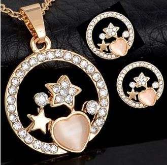 Elegant Golden Austrian Crystal Opal Heart & Stars Jewelry Set in Complimentary Gift Box