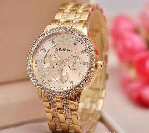 Elegant Ladies Geneva Crystal Quartz Chronograph Wrist Watch in Rose Gold, Gold and Silver