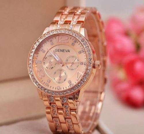 Elegant Ladies Geneva Crystal Quartz Chronograph Wrist Watch in Rose Gold, Gold and Silver