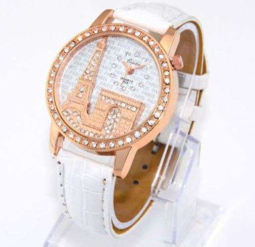 Elegant Rose Gold & Crystal Eiffel Tower Leather Quartz Wrist Watch