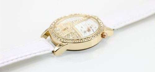 Elegant Rose Gold & Crystal Eiffel Tower Leather Quartz Wrist Watch