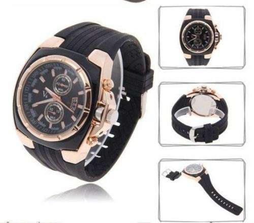 Elegant & Sporty V6 Stainless Steel & Silicone Men's Quartz Wrist Watch in Black & Gold