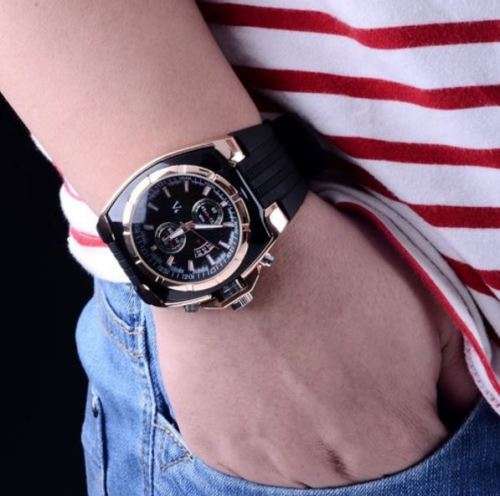 Elegant & Sporty V6 Stainless Steel & Silicone Men's Quartz Wrist Watch in Black & Gold