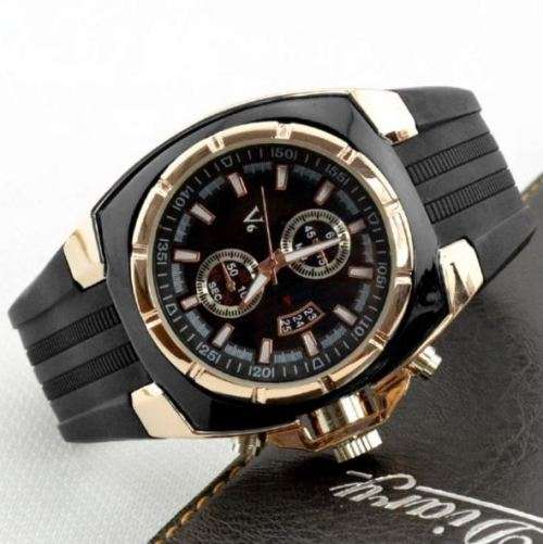 Elegant & Sporty V6 Stainless Steel & Silicone Men's Quartz Wrist Watch in Black & Gold