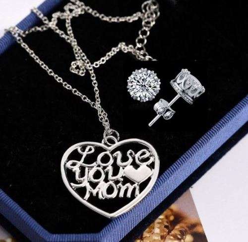 Elegant Silver Plated Jewelry Set With Love You Mom Heart Pendant in Complimentary Gift Box