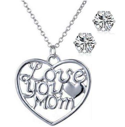 Elegant Silver Plated Jewelry Set With Love You Mom Heart Pendant in Complimentary Gift Box
